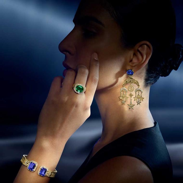 Azza Fahmy Crescent Filigree earrings and Echoes of Nature ring on model high jewellery 2025