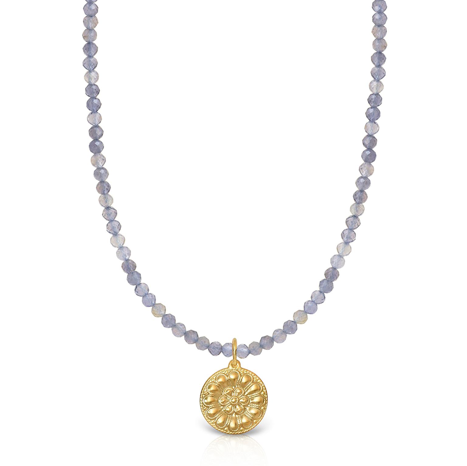 Necklace with faceted iolite beads and gold blossom rosette motif by Lalaounis